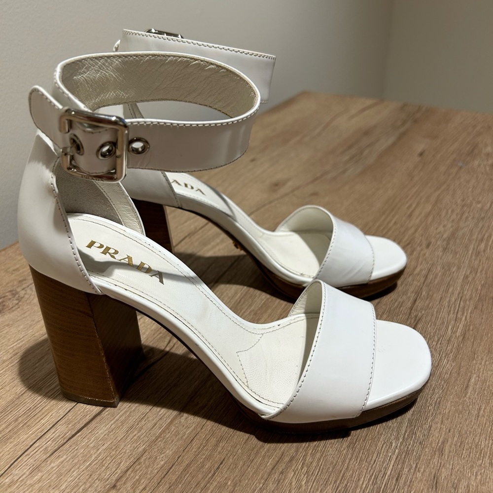 Prada Block Heel White Sandals
